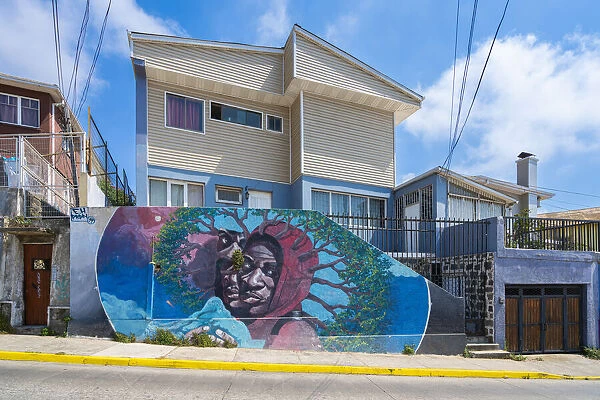 Residential house with painted mural on Avenida Alemania, Cerro Alegre, Valparaiso, Valparaiso Province, Valparaiso Region, Chile