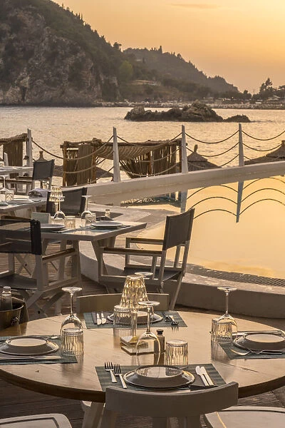 Restaurant by the beach, Palaiokastritsa, Corfu, Ionian Islands, Greece