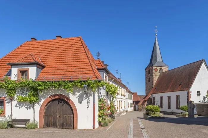 Framed Print : Restaurant and church at Oberrottenbach, Palatinate wine road, Rhineland-Palatinate Framed Print : Restaurant and church at Oberrottenbach, Palatinate wine road, Rhineland-Palatinate