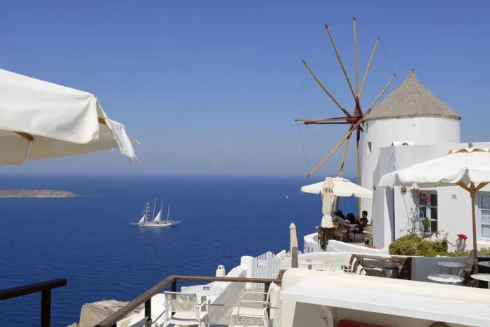 Framed Print : Restaurant in Oia, Santorini, Kyclades, South Aegean, Greece, Europe Framed Print : Restaurant in Oia, Santorini, Kyclades, South Aegean, Greece, Europe