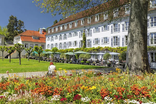 Restaurant at spa garden with Bad Hotel, Uberlingen, Upper Swabia, Baden Wurttemberg, Germany