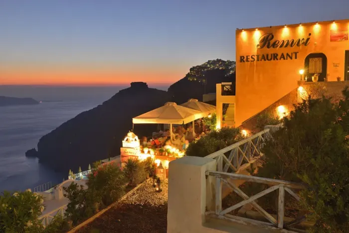 Framed Print : Restaurant sun deck in thira, Santorini, Kyclades, South Aegean, Greece, Europe Framed Print : Restaurant sun deck in thira, Santorini, Kyclades, South Aegean, Greece, Europe