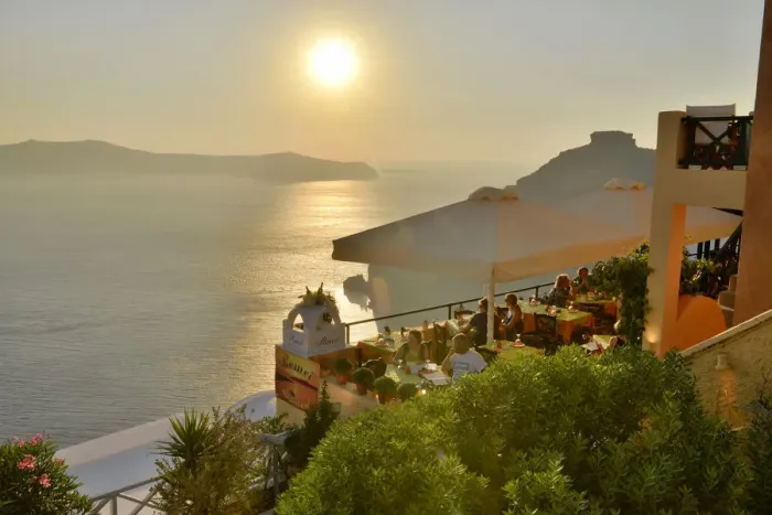 Framed Print : Restaurant sun deck in thira, Santorini, Kyclades, South Aegean, Greece, Europe Framed Print : Restaurant sun deck in thira, Santorini, Kyclades, South Aegean, Greece, Europe