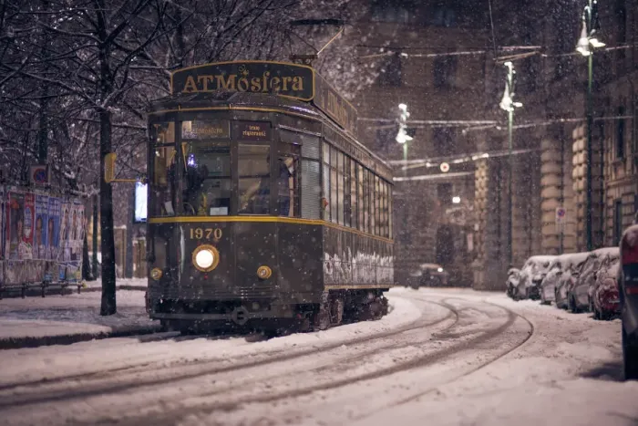 Framed Print : The restaurant tram ATMosfera'traveling in Piazza Castello in Milano during a