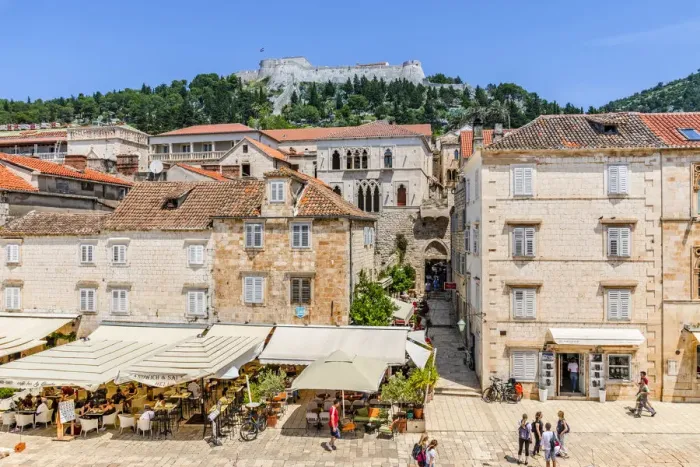Framed Print : Restaurants and Hvar Fortress, Hvar Town, Hvar, Dalmatian Coast, Croatia, Europe Framed Print : Restaurants and Hvar Fortress, Hvar Town, Hvar, Dalmatian Coast, Croatia, Europe
