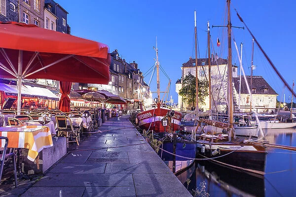 Restaurants on the promenade at Honfleur harbor in the evening, Calvados, Normandy, France