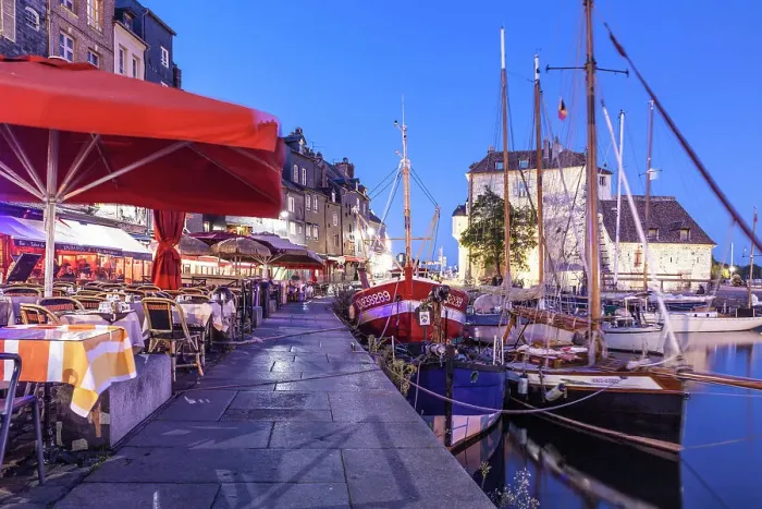 Framed Print : Restaurants on the promenade at Honfleur harbor in the evening, Calvados, Normandy, France Framed Print : Restaurants on the promenade at Honfleur harbor in the evening, Calvados, Normandy, France