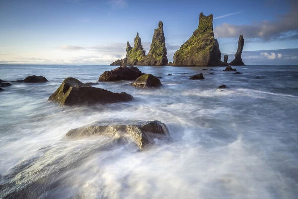 Reynisdrangar rock formation in sea near Vik i Mydral, South Iceland, Iceland