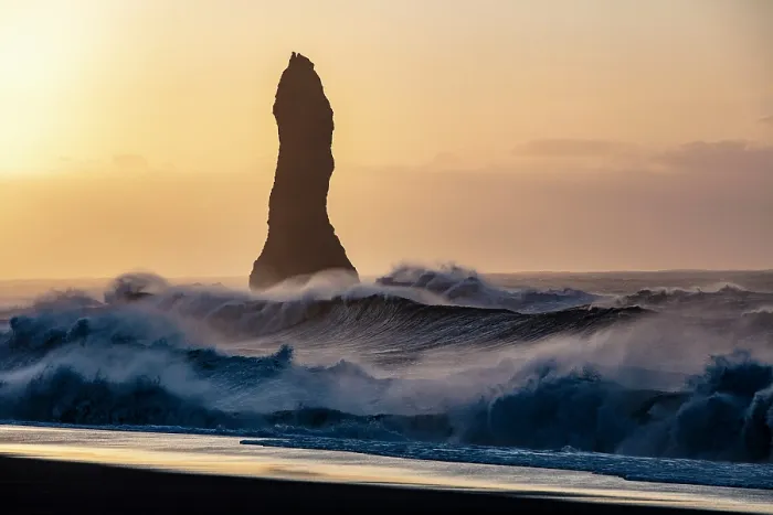 Framed Print : One of the Reynisdrangar rock stacks being pounded by waves, from Reynisfjara black sand beach, near Vik y Myrdal, South Iceland Framed Print : One of the Reynisdrangar rock stacks being pounded by waves, from Reynisfjara black sand beach, near Vik y Myrdal, South Iceland