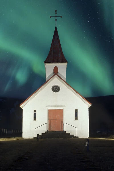 The Reyniskirkja with the northern lights, Reynisfjara, Sudurland, Iceland, Europe