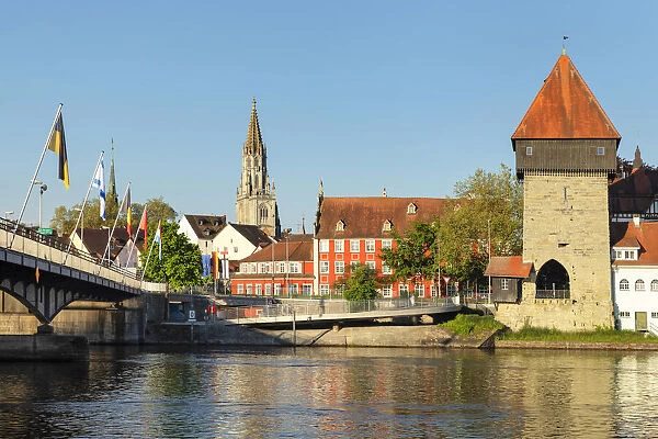 Rheintorturm Tower and Cathedral at Seerhein River, Konstanz, Lake Constance, Baden Wurttemberg, Germany