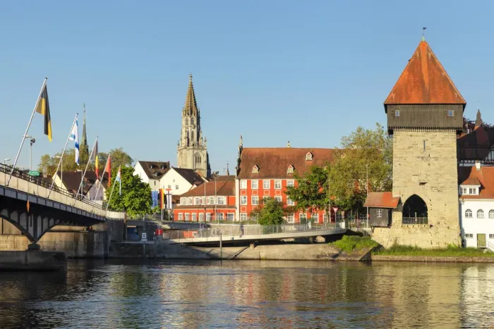 Framed Print : Rheintorturm Tower and Cathedral at Seerhein River, Konstanz, Lake Constance, Baden Wurttemberg, Germany