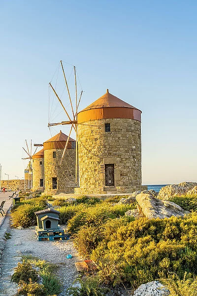 Rhodes Windmills at Mandraki Marina and Port, Rhodes Town, Rhodes, Dodecanese Islands, Greece