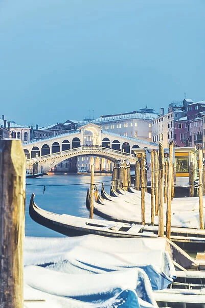 Rialto bridge at dusk in winter, Venice, Veneto, Italy
