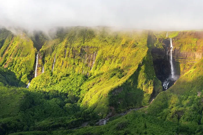 Framed Print : Ribeira do Ferreiro and Ribeira Grande waterfalls, Poco Ribeira do Ferreiro (Alagoinha), Flores Island (Ilha das Flores), Azores archipelago, Portugal
