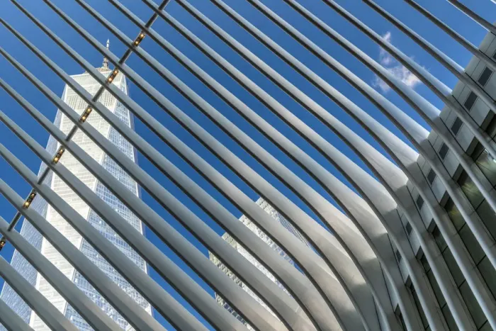Framed Print : Ribs of Oculus station house designed by architect Santiago Calatrava with One World Framed Print : Ribs of Oculus station house designed by architect Santiago Calatrava with One World