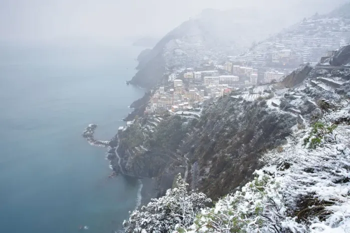 Framed Print : Riomaggiore during a cold winter morning, National Park of Cinque Terre