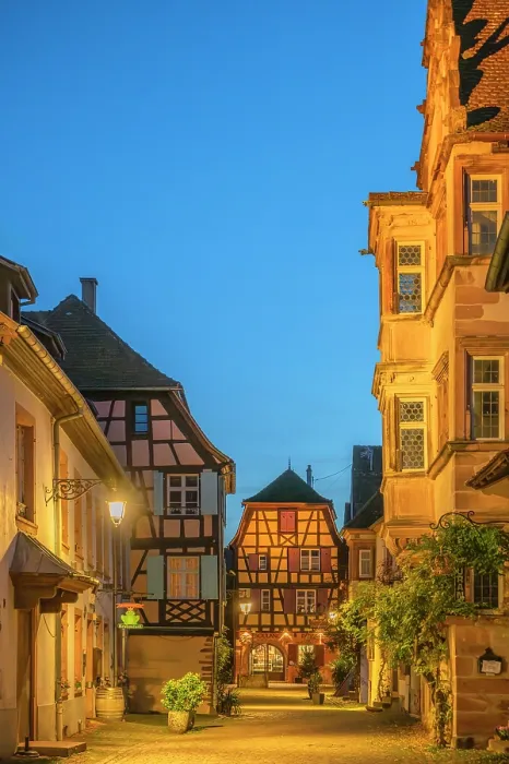 Framed Print : Riquewihr at dusk, Alsace, Alsace Wine Road, Haut-Rhin, Grand Est, France