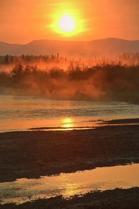 Framed Print : Rising fog on the Deasadeash River at sunrise and the Kluane Ranges, the easternmost of the St Elias Mountains. Kluane National Park, Yukon, Canada Framed Print : Rising fog on the Deasadeash River at sunrise and the Kluane Ranges, the easternmost of the St Elias Mountains. Kluane National Park, Yukon, Canada