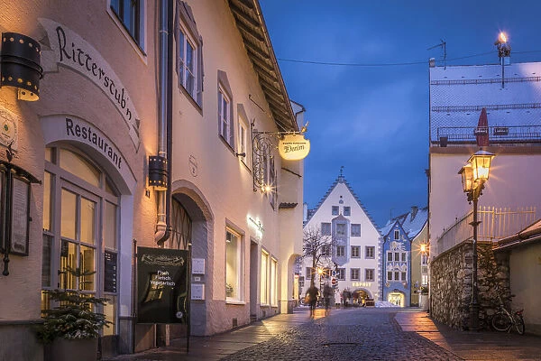 Ritterstrasse in the old town of Fuessen in the evening, Allgaeu, Bavaria, Germany