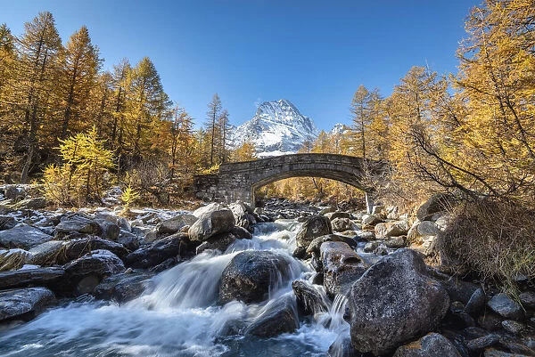 The river Cairasca and Monte Leone in the background during autumn, Alpe Veglia