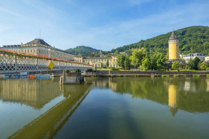 Framed Print : River Lahn with Quellenturm, Bad Ems, Rhineland-Palatinate, Germany Framed Print : River Lahn with Quellenturm, Bad Ems, Rhineland-Palatinate, Germany