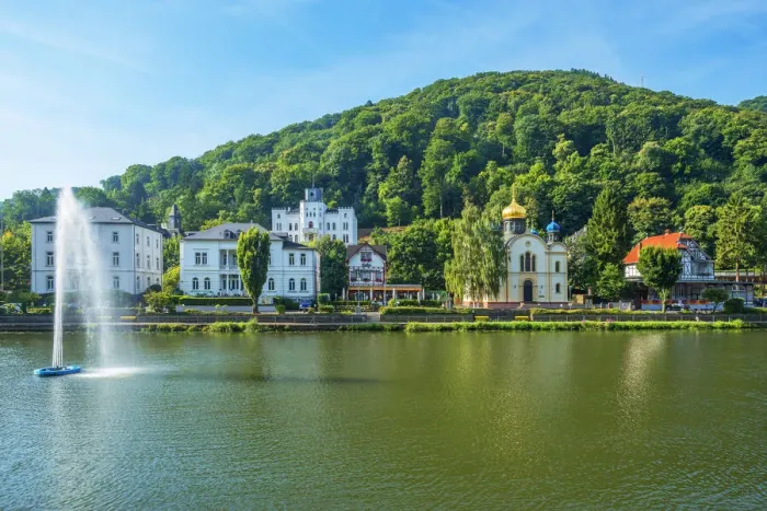 Framed Print : River Lahn with russian church, Bad Ems, Rhineland-Palatinate, Germany Framed Print : River Lahn with russian church, Bad Ems, Rhineland-Palatinate, Germany