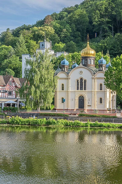 River Lahn with russian church, Bad Ems, Lahn valley, Rhineland-Palatinate, Germany