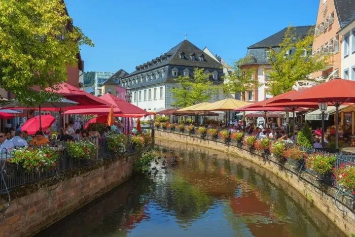 Framed Print : River Leuk with restaurants, Saarburg, Rhineland-Palatinate, Germany