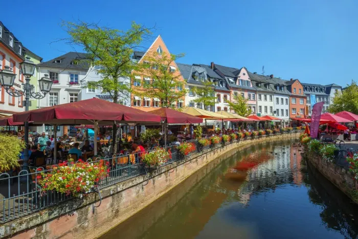 Framed Print : River Leuk with restaurants, Saarburg, Rhineland-Palatinate, Germany Framed Print : River Leuk with restaurants, Saarburg, Rhineland-Palatinate, Germany