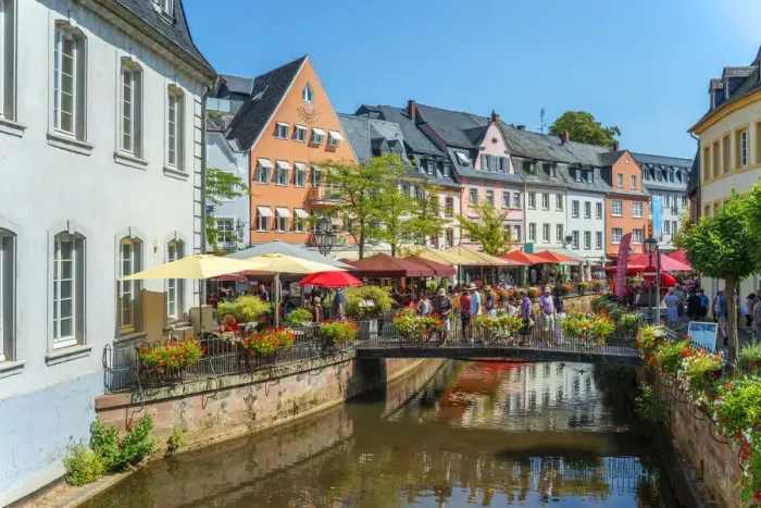 Framed Print : River Leuk with restaurants, Saarburg, Rhineland-Palatinate, Germany Framed Print : River Leuk with restaurants, Saarburg, Rhineland-Palatinate, Germany