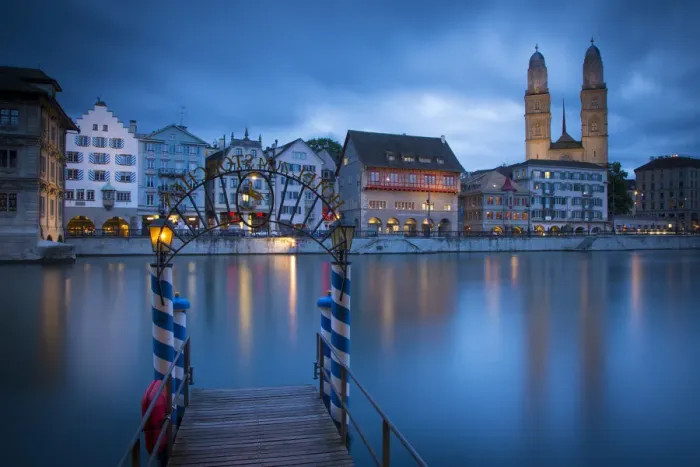 Framed Print : River Limmat and Grossmunster church, Zurich, Switzerland Framed Print : River Limmat and Grossmunster church, Zurich, Switzerland