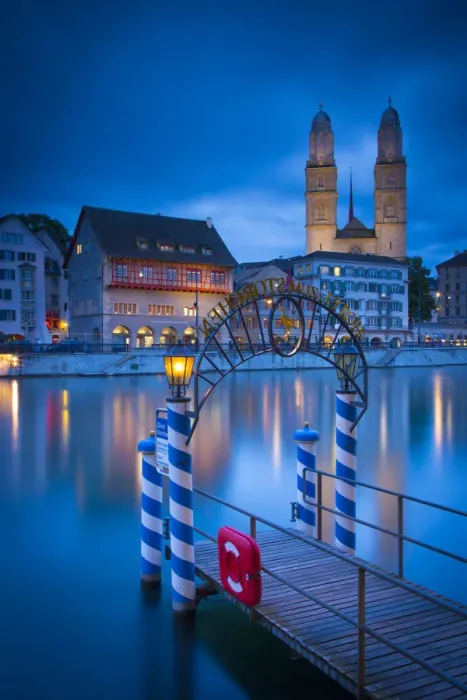 Framed Print : River Limmat and Grossmunster church, Zurich, Switzerland Framed Print : River Limmat and Grossmunster church, Zurich, Switzerland