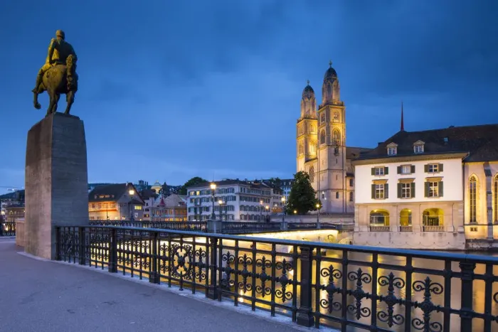 Framed Print : River Limmat and Grossmunster church, Zurich, Switzerland Framed Print : River Limmat and Grossmunster church, Zurich, Switzerland