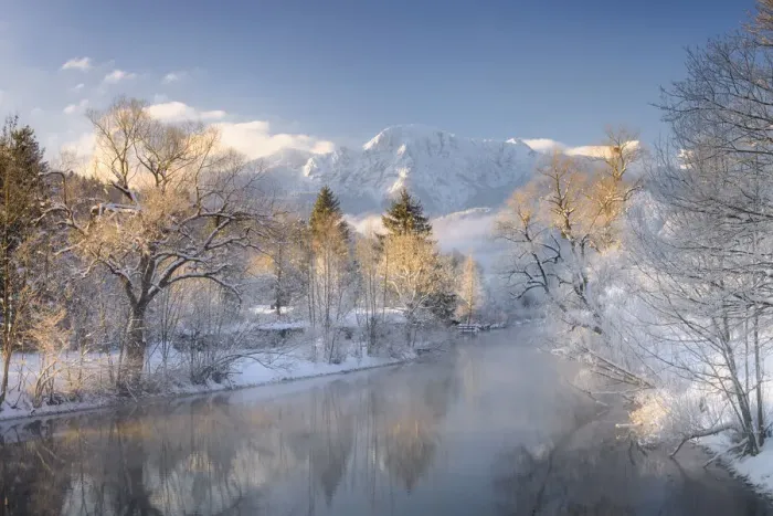 Framed Print : River Loisach on winter morning, Kochel am See, Alps, Isarwinkel, Toelzer Land
