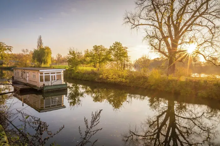 Framed Print : River Main with houseboat at sunrise near Frankfurt-Hochst, Frankfurt, Hesse, Germany Framed Print : River Main with houseboat at sunrise near Frankfurt-Hochst, Frankfurt, Hesse, Germany