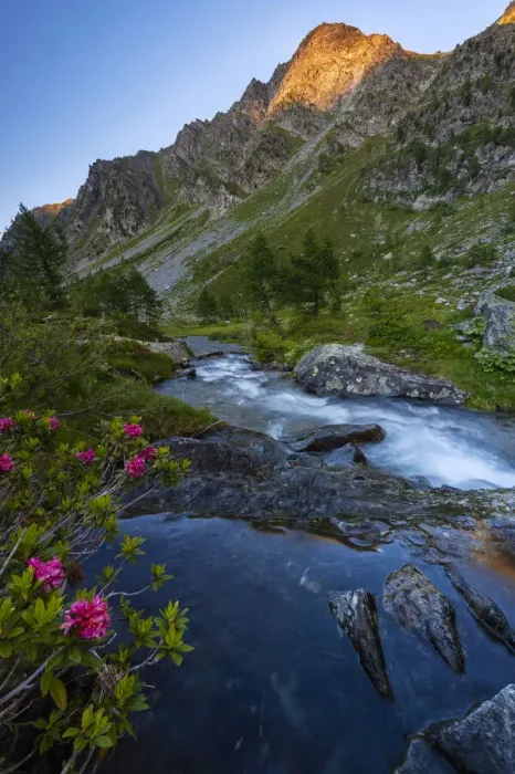 Framed Print : River and mountains at Arpy lake at sunset during summer, Morgex, Valle D‚AoAosta, Italy Framed Print : River and mountains at Arpy lake at sunset during summer, Morgex, Valle D‚AoAosta, Italy
