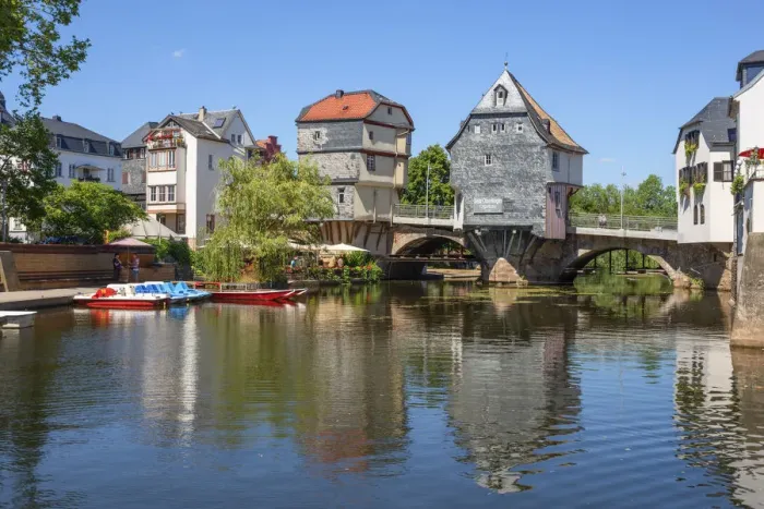 Framed Print : River Nahe with Bridge house at Bad Kreuznach, Nahe valley, Rhineland-Palatinate, Germany Framed Print : River Nahe with Bridge house at Bad Kreuznach, Nahe valley, Rhineland-Palatinate, Germany