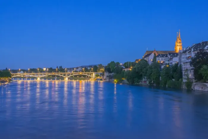 Framed Print : River Rhine with Munster at Basel at dusk, Canton Basel, Switzerland Framed Print : River Rhine with Munster at Basel at dusk, Canton Basel, Switzerland