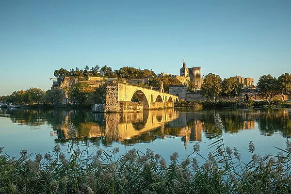 River Rhone with Pont St Benezet and Palais des Papes beyond, Avignon, Provence, France