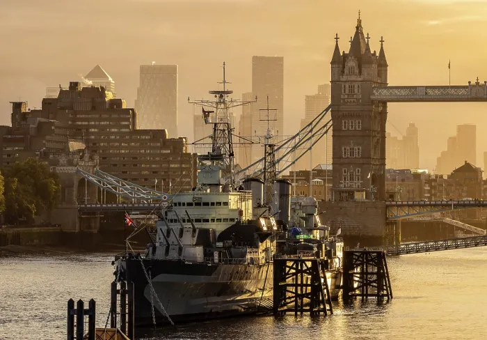 Framed Print : River Thames, HMS Belfast and Tower Bridge at dawn, from London Bridge, London, England