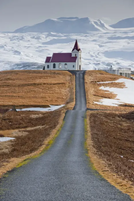 Framed Print : Road Leading to Ingjaldsholl Church at Hellisandur, Snaefellsjokull National Park Framed Print : Road Leading to Ingjaldsholl Church at Hellisandur, Snaefellsjokull National Park
