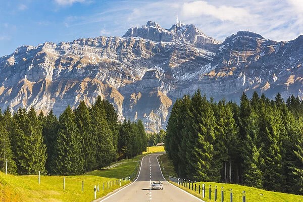 The road leading to Schwaagalp pass with mount Saantis in the background, Switzerland