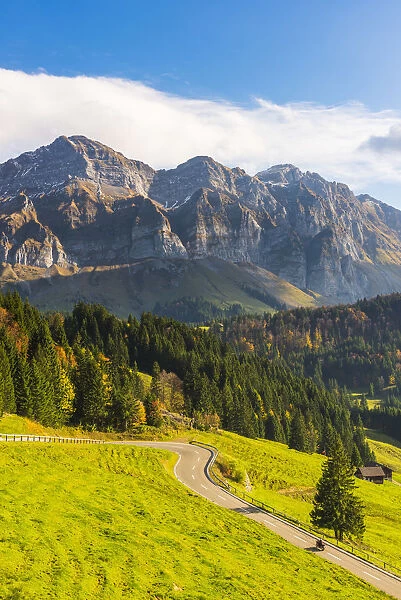 The road leading to Schwaagalp pass with mount Saantis in the background, Switzerland