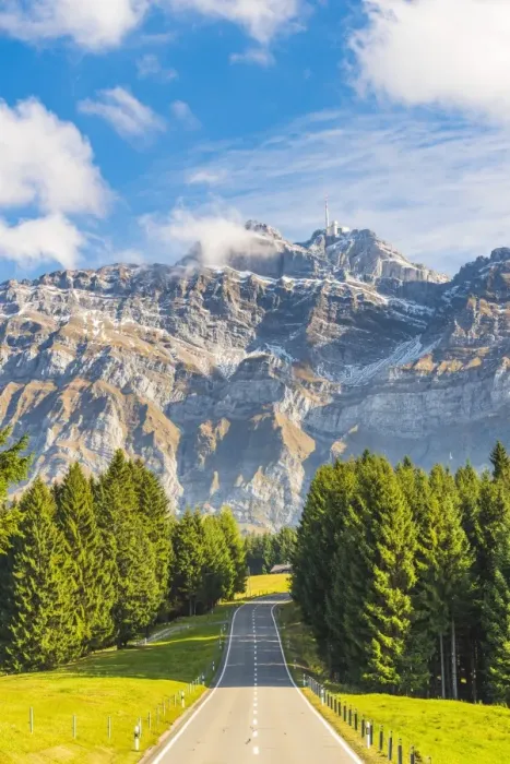 Framed Print : The road leading to Schwagalp pass with mount Santis in the background, Switzerland Framed Print : The road leading to Schwagalp pass with mount Santis in the background, Switzerland