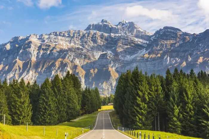 Framed Print : The road leading to Schwagalp pass with mount Santis in the background, Switzerland Framed Print : The road leading to Schwagalp pass with mount Santis in the background, Switzerland
