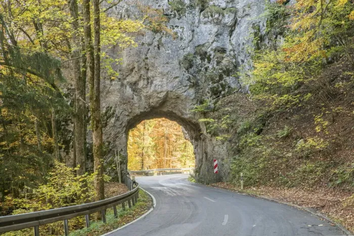Framed Print : Road and rock gallery. Upper Danube Nature Park, Beuron, Baden-Wurttemberg, Germany