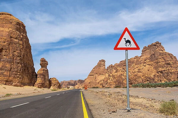Road and sign, Al-Ula, Medina Province, Saudi Arabia