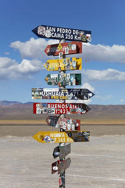 Road signs in the 'Salinas Grandes'salt flat, Jujuy, Argentina