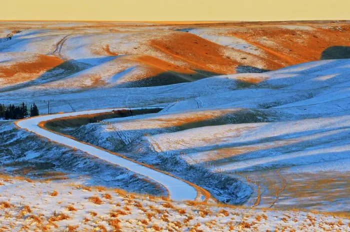 Framed Print : Road along the valley of the Oldman River near Picture Butte, Alberta, Canada